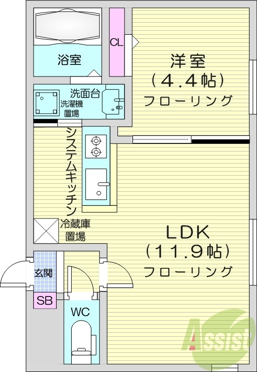 1LDK、システムキッチン、エアコン、都市ガス