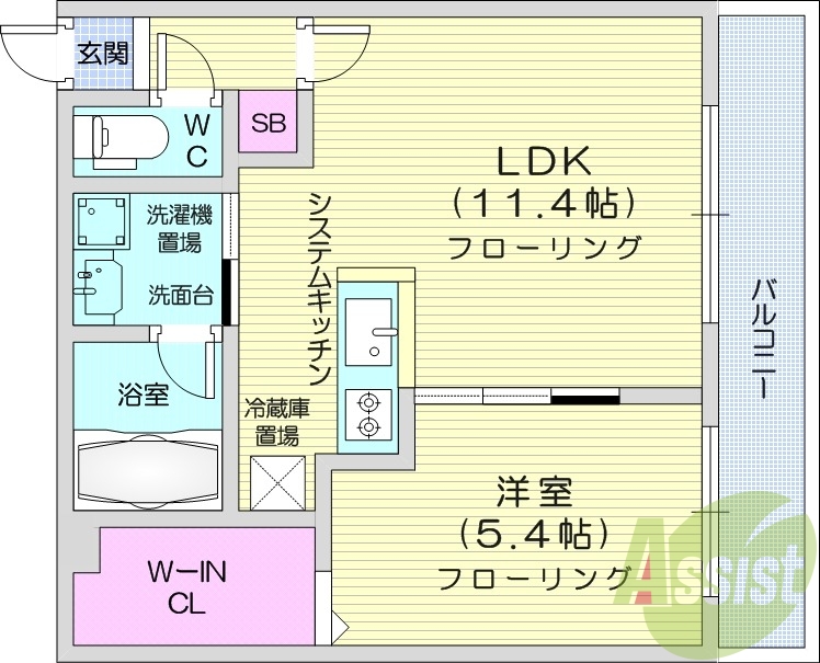 1LDK、エアコン、システムキッチン、独立洗面台