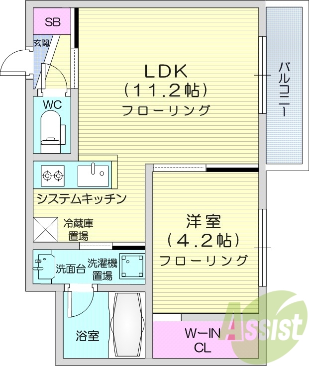1LDK、エアコン、システムキッチン、独立洗面台