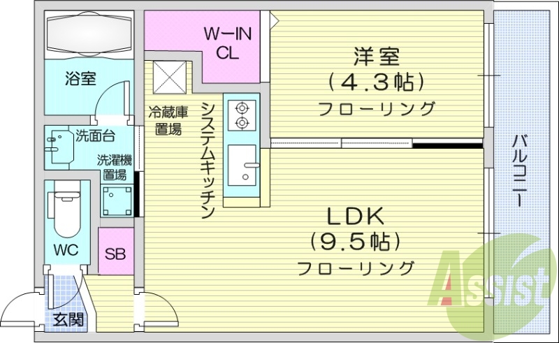 1LDK、システムキッチン、エアコン、独立洗面台