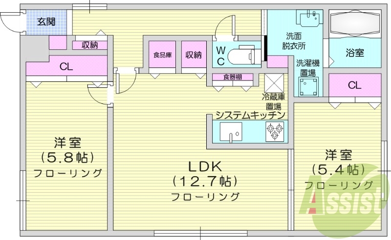 2LDK、追い焚き、システムキッチン、インターネット無料