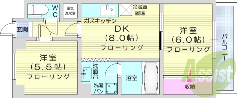 2LDK、都市ガス、システムキッチン、シャワートイレ