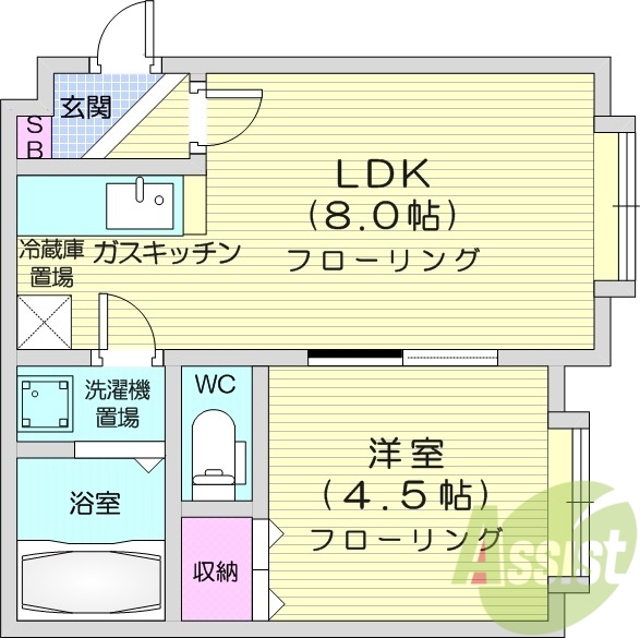 1LDK、シャワートイレ、シューズボックス