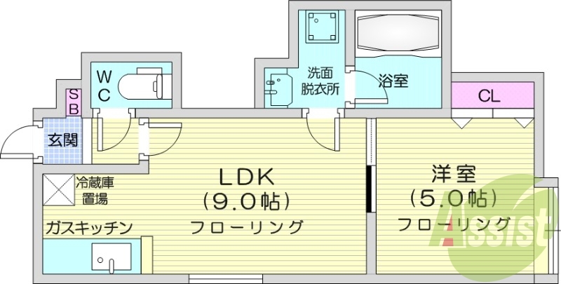 1LDK、角部屋、最上階、洗髪洗面化粧台、バストイレ別
