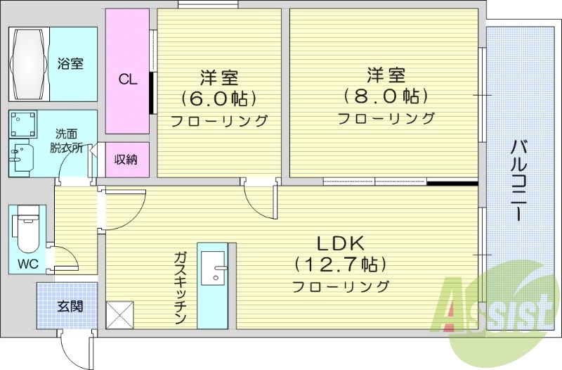 2LDK、オール電化、バルコニー、シャワートイレ