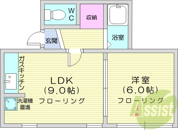1LDK、バストイレ別、ガスキッチン、室内洗濯機置場