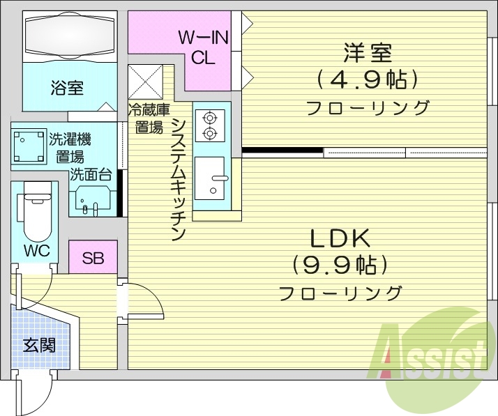 1LDK、システムキッチン、エアコン、ネット無料