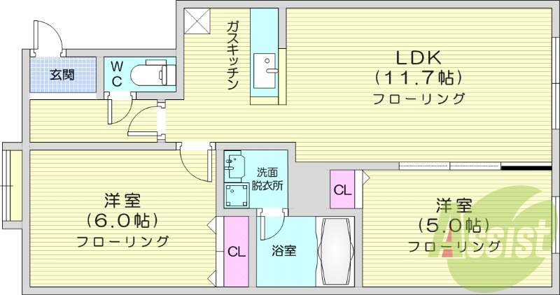 2LDK、都市ガス、ペット相談可、エアコン