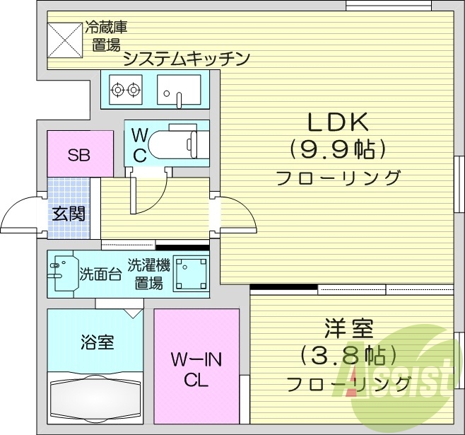 1LDK、システムキッチン、エアコン、浴室乾燥機