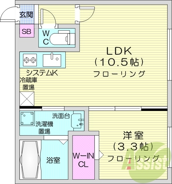 1LDK、エアコン、都市ガス、システムキッチン