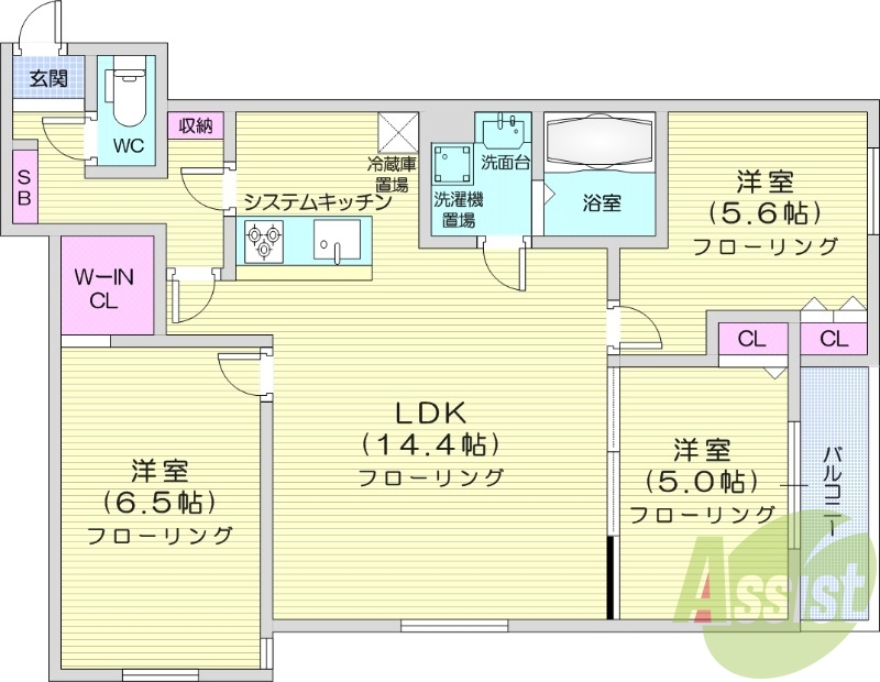 3LDK、エアコン、都市ガス、システムキッチン