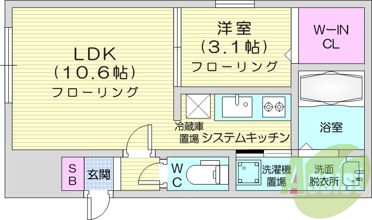 1LDK、エアコン、システムキッチン、浴室乾燥機