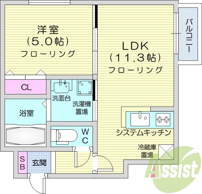 1LDK、都市ガス、エアコン、システムキッチン