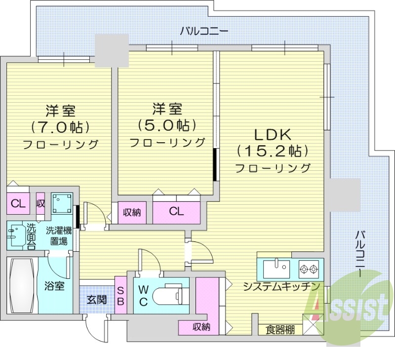 2LDK、システムキッチン、エアコン、24時間換気システム