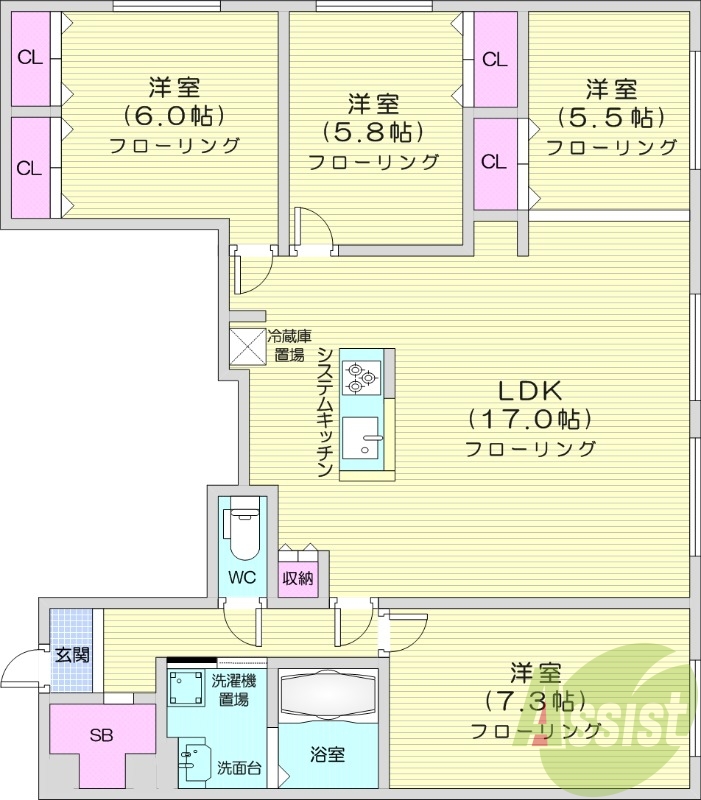 4LDK、追い焚き、浴室乾燥機、オートロック
