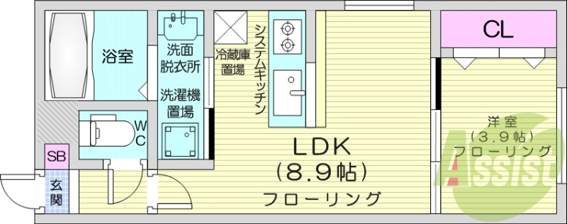 1LDK、バストイレ別、エアコン、ガスFF暖房