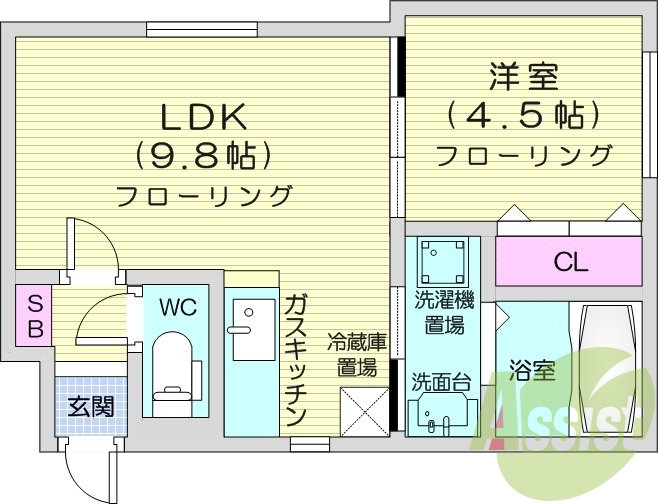 1LDK、都市ガス、エアコン、独立洗面台、浴室乾燥機、