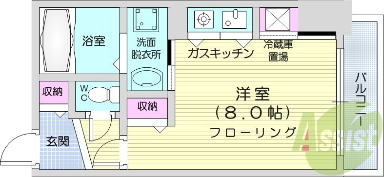 1R、独立洗面台、モニタ付インターホン、バルコニー