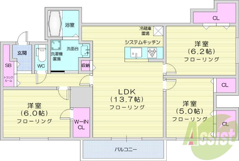 3LDK、追い焚き、エアコン、浴室乾燥機、システムキッチン
