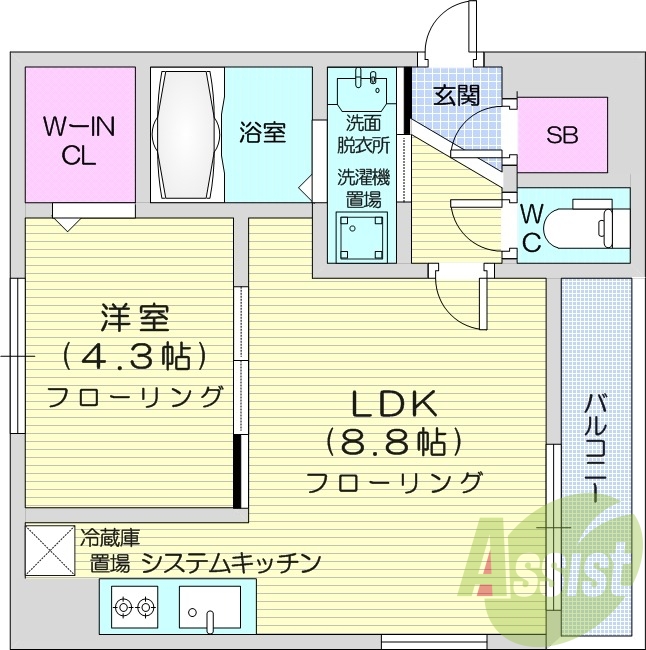 1LDK、オートロック、エアコン、システムキッチン