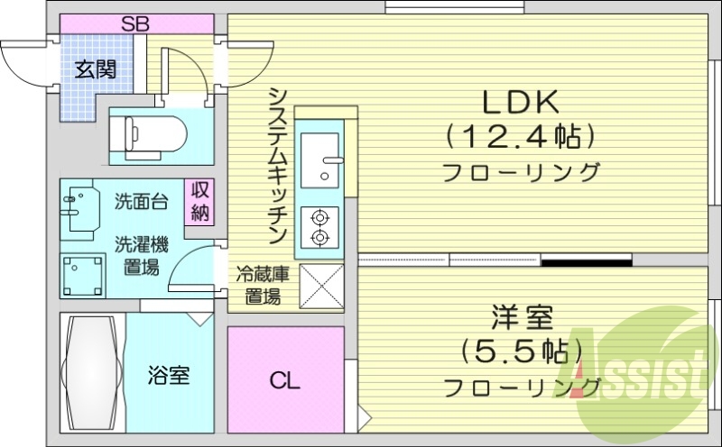 1LDK、エアコン、光ファイバー、システムキッチン、
