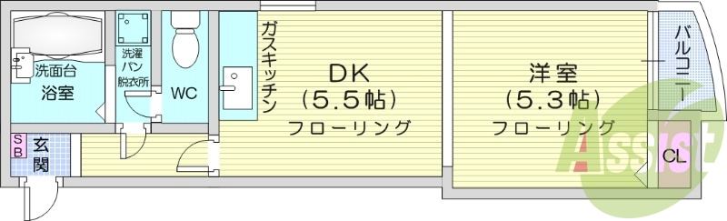 1DK、ガスFF暖房、バルコニー、室内洗濯機置場