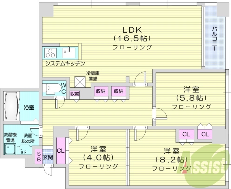 3LDK、クローゼット、システムキッチン、ウォシュレット