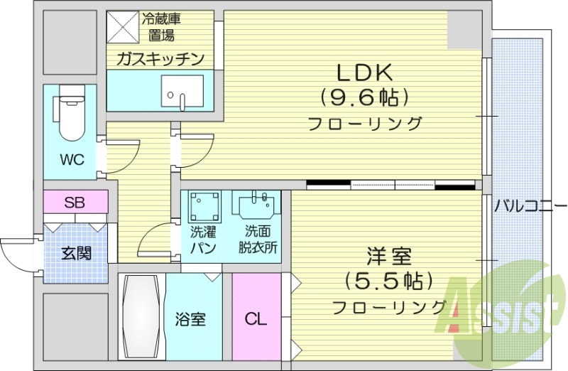 1LDK、独立洗面台、クローゼット、バルコニー