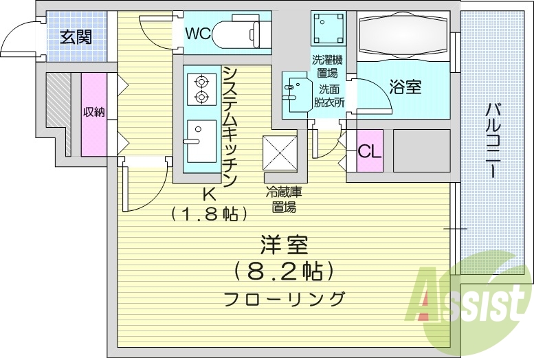 1K、クローゼット、システムキッチン、ウォシュレット