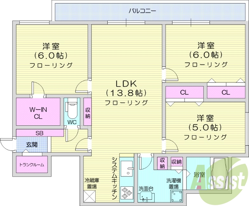 3LDK、追い焚き、エアコン、浴室乾燥機、システムキッチン
