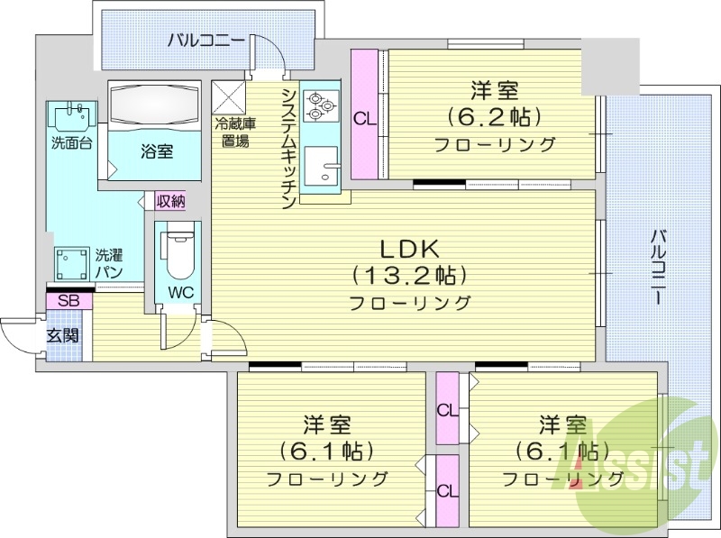 3LDK、システムキッチン、バルコニー、追い焚き、都市ガス