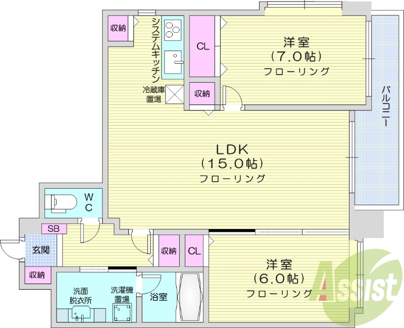 2LDK、収納、洗濯機置場、エアコン、バストイレ別