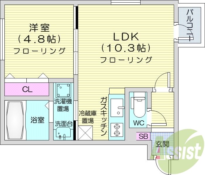 1LDK、エアコン、浴室乾燥機、シャワートイレ、都市ガス