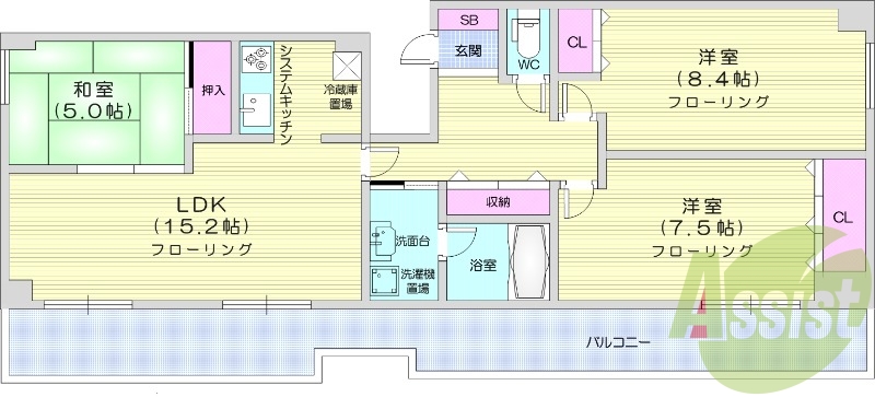 3LDK、都市ガス、オートロック、エアコン