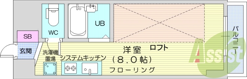 1R、都市ガス、エアコン、シャワートイレ、システムキッチン