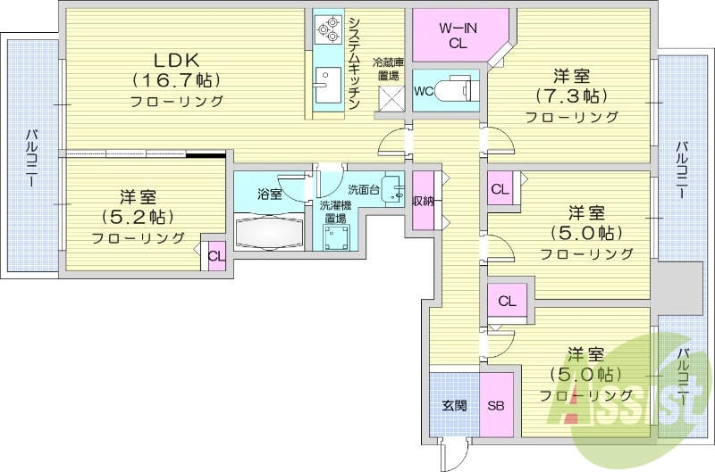 4LDK、都市ガス、分譲、追い焚き、独立洗面台、温水洗浄便座