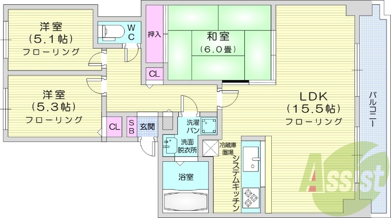 3LDK、クローゼット、洗面脱衣所、システムキッチン