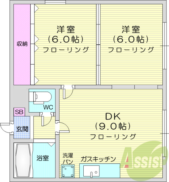 2DK、ウォシュレット、シューズボックス、灯油FF暖房。