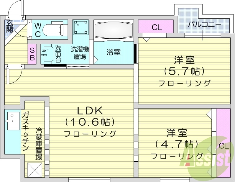 2LDK、角部屋、オートロック、エアコン、灯油FF暖房