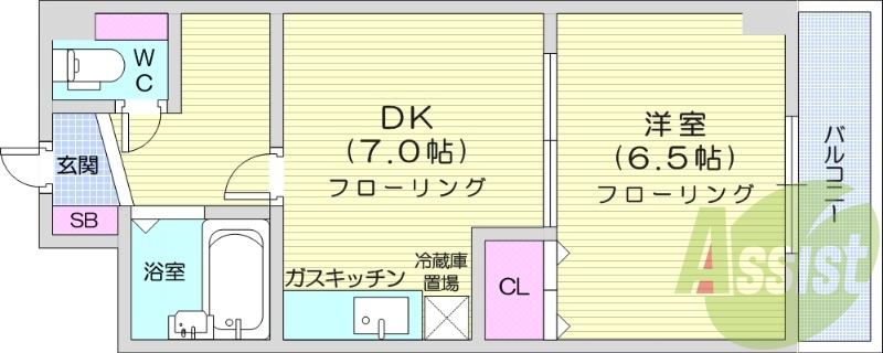 1DK、都市ガス、シャワートイレ、灯油暖房