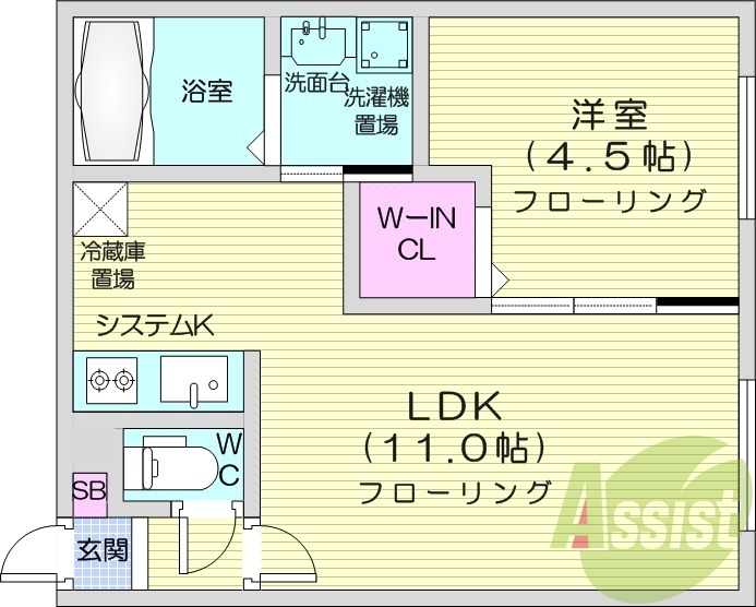 1LDK、システムキッチン、都市ガス、エアコン