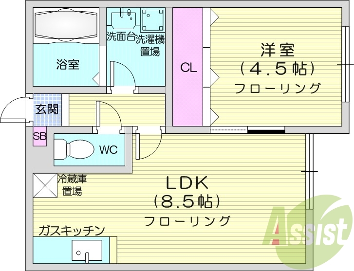 １LDK、バス・トイレ別、灯油暖房、独立洗面台