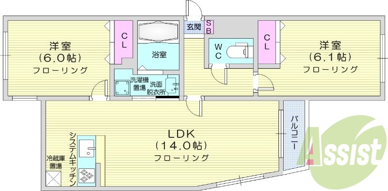 2LDK、都市ガス、システムキッチン、1坪バス