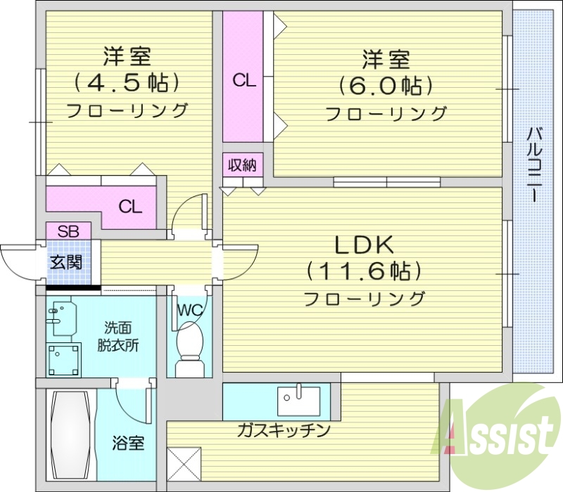 2LDK、都市ガス、独立洗面台、バルコニー