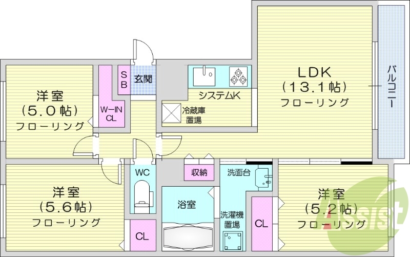 3LDK、都市ガス、エアコン、ガス暖房、ネット無料