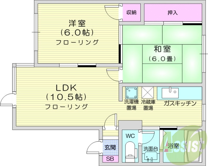 2LDK、バス・トイレ別、灯油暖房、温水洗浄便座