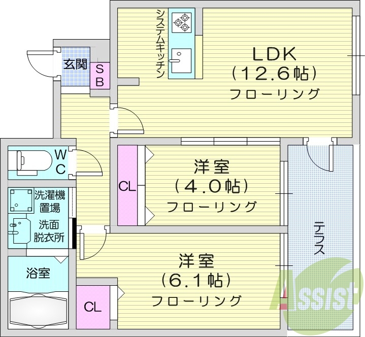 2LDK、ネット使用料無料、システムキッチン、エアコン