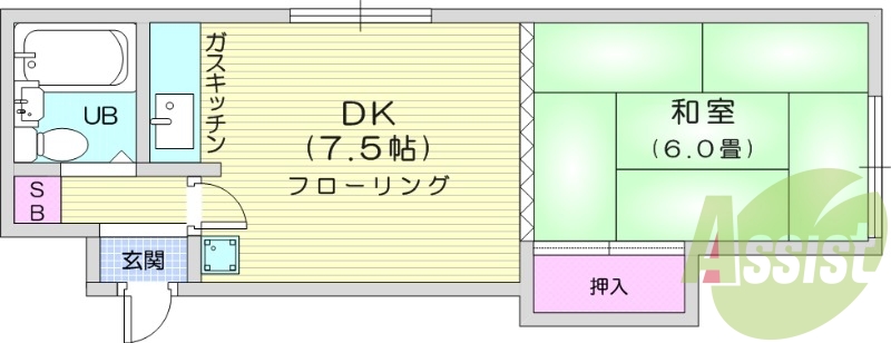 1DK、灯油暖房、洗面台、収納、和室、ガスコンロ設置可能