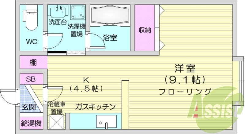 1K、灯油暖房、灯油ボイラー、独立洗面台、カウンターキッチン