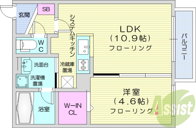 1LDK、システムキッチン、ウォークインクローゼット